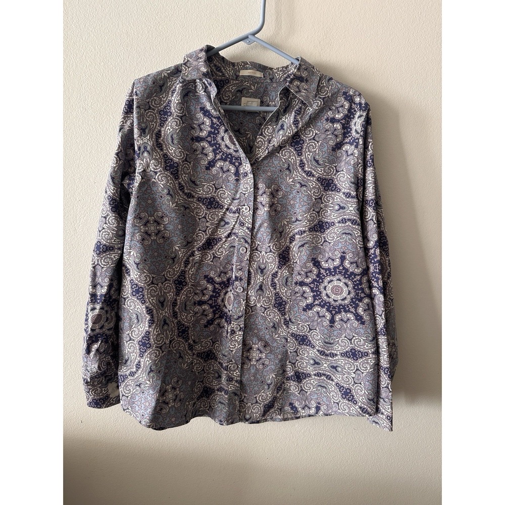 Chico's No-Iron Button Front Blouse Paisley Print Sz 2 Or L 12 Gray Purple